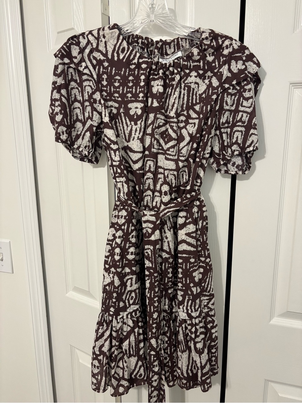 Brown & White Printed Midi Dress with Waist Tie
